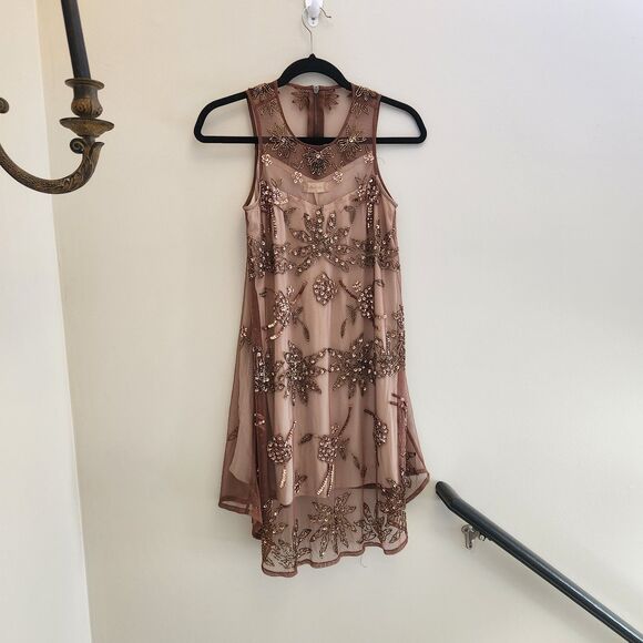 Altar'd State Brown Sequin Beaded Floral Fall Shift Party Dress New Year Holiday - Picture 1 of 9